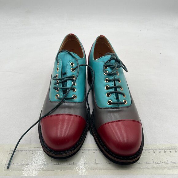 FSJ Blue Multicolor Leather Round Cap Toe Lace Up Brogues Patchwork Oxford Shoes - Picture 3 of 8